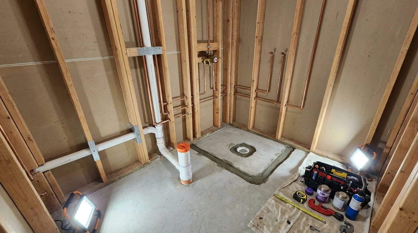 Bathroom rough-in plumbing during remodel by Johns Plumbing LLC in Buckner
