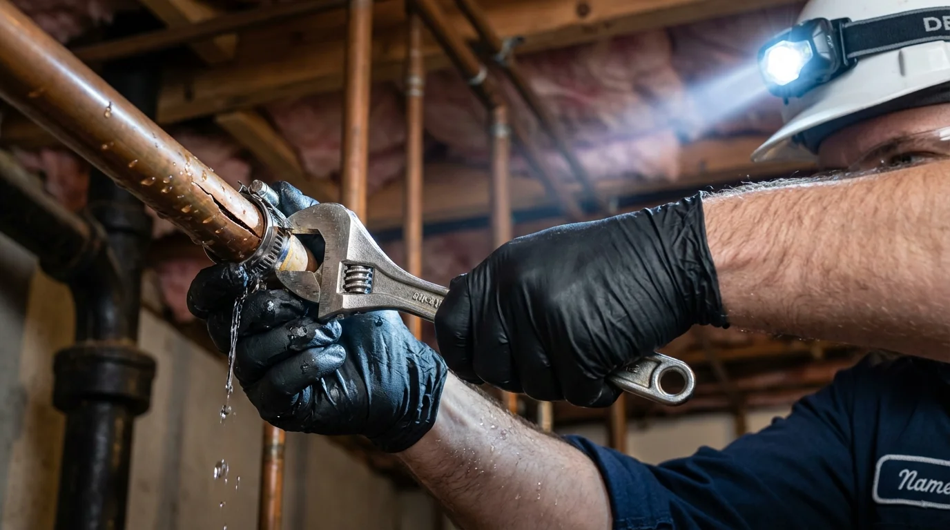 Emergency pipe clamp repair being performed by a Johns Plumbing LLC plumber in Buckner