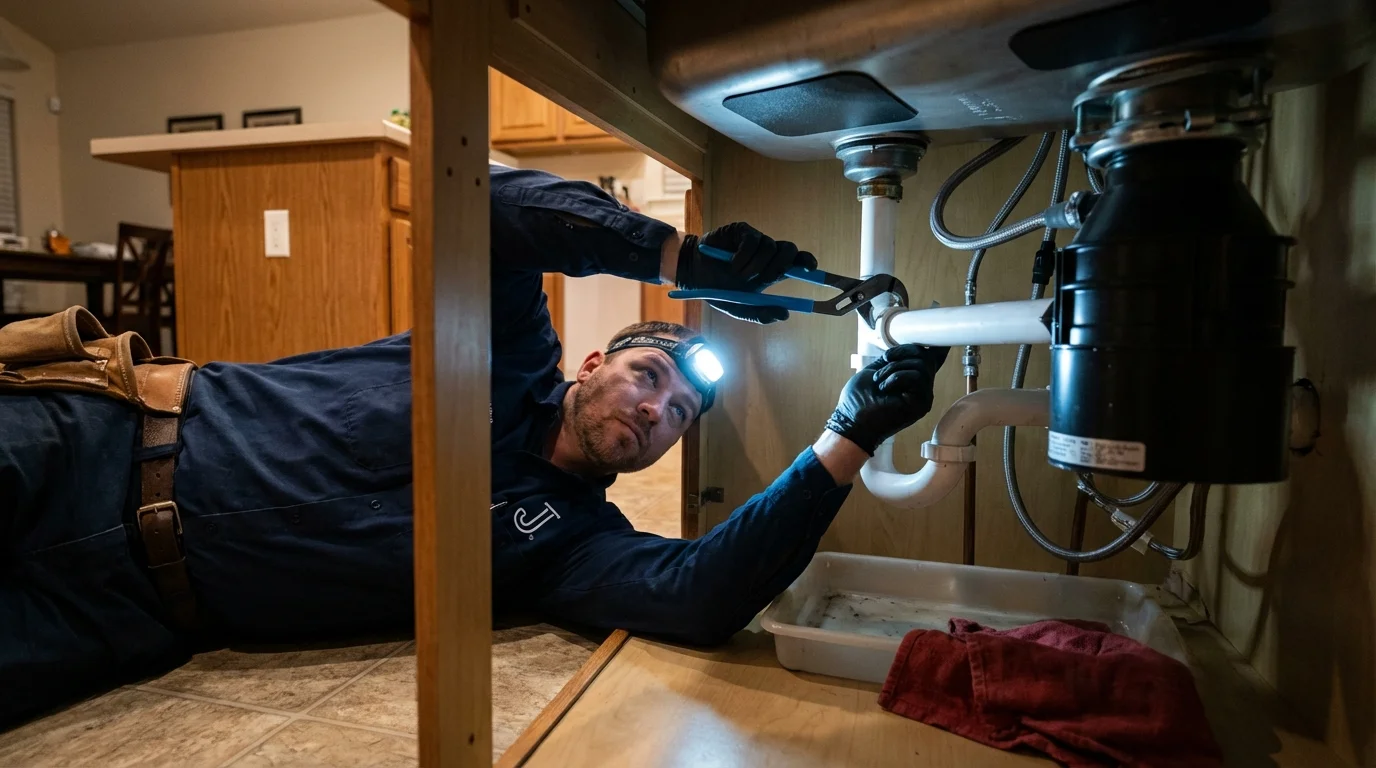 P-trap and supply line connections under a kitchen sink showing a common leak point in Buckner, KY